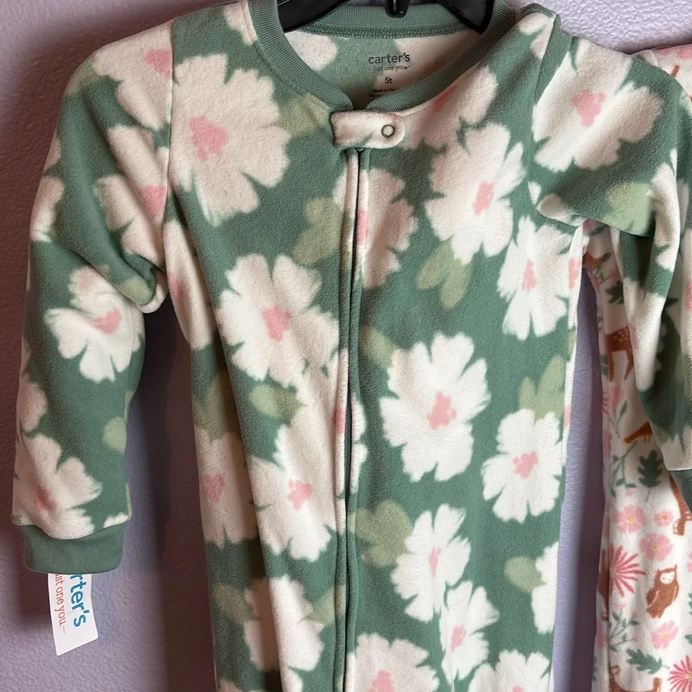 NWT 2 Pc Set Carter's Fleece Green Pink Deer White Forest Footie Nonslip Sole